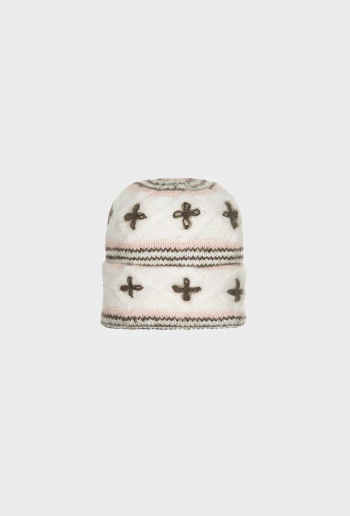 Carola Knitted Wool Embroidered Hat Cream & Pink