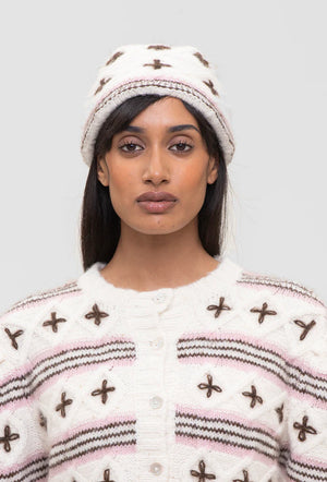 Carola Knitted Wool Embroidered Hat Cream & Pink